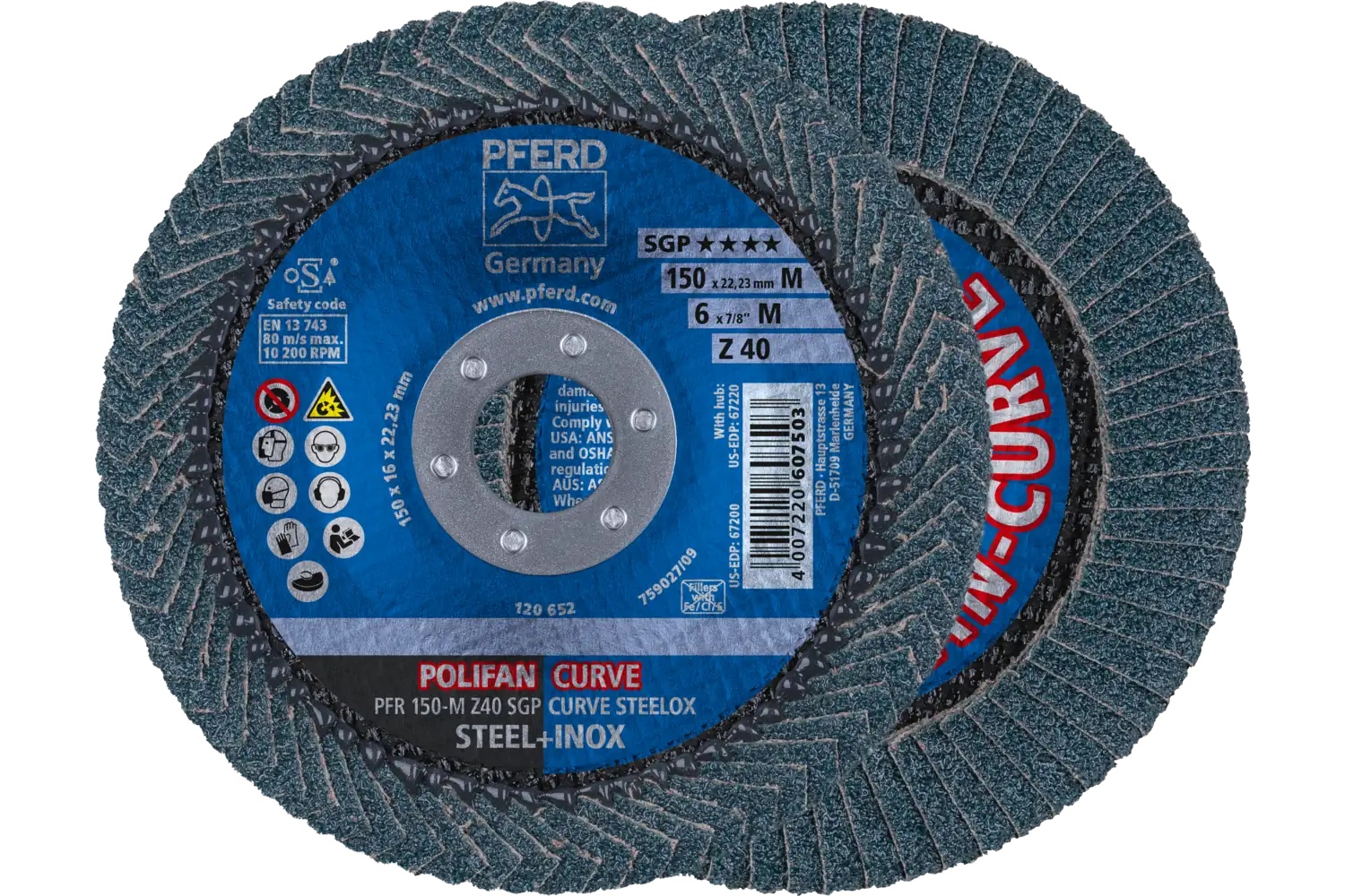 Picture of Pferd Flap Disc, 6" x 7/8, Z SGP Curve Steelox, 40 Grit, Medium Radius, Zirconia